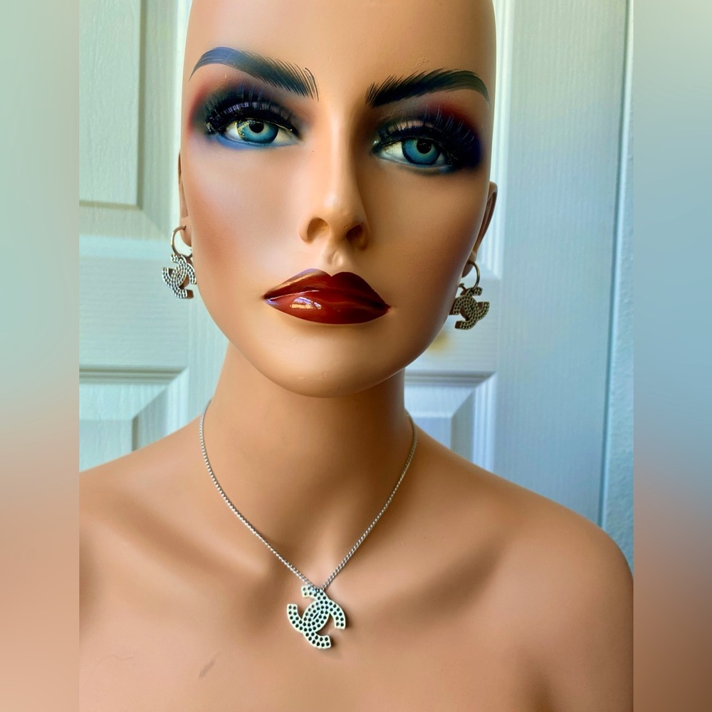 Chanel Silver Punch Holes Necklace and Earrings Set